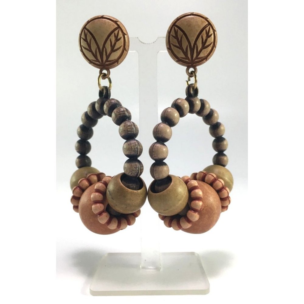 Vintage Wood and Plastic Bead Hoop Earrings 1980s